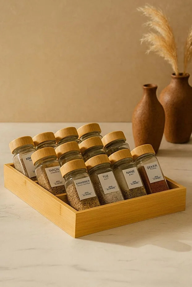 Kitchen Life 13 Piece Glass Spice Jar Set with Bamboo Stands 120 ml - Set of 12 + 1 Spice Jar Set with Stand