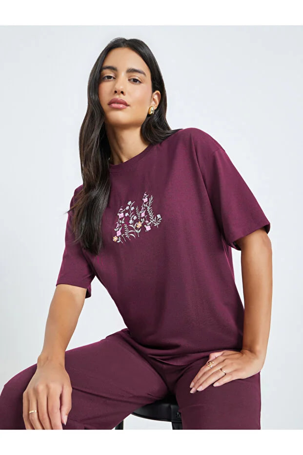 Styli Burgundy Embroidered Floral Oversized T-Shirt